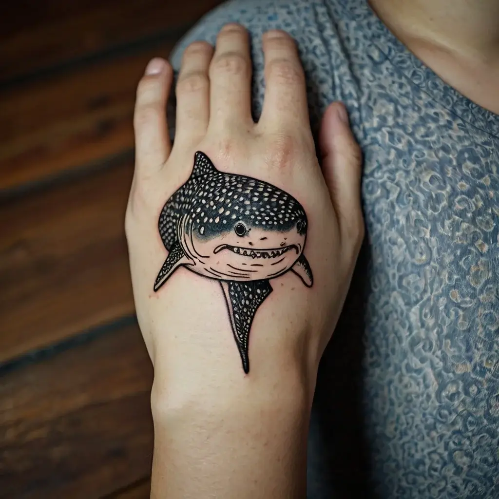 Hand tattoo design of a stylized whale shark with detailed spots and lines, showcasing its distinctive pattern and charm.