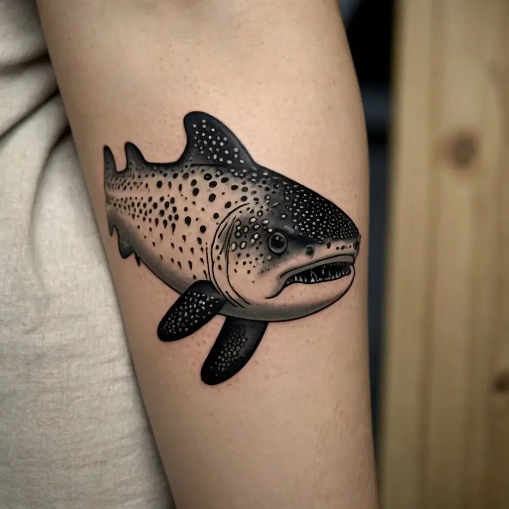 Tattoo of a detailed, black and gray shark with dot shading on its body, creating a realistic and textured appearance.