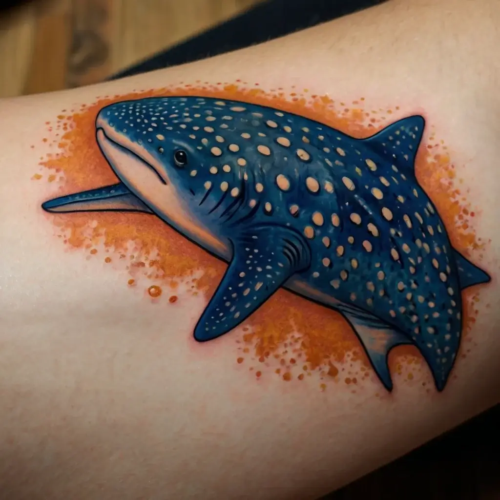 Colorful whale shark tattoo with vibrant blue-gray tones and contrasting orange background, showcasing intricate dot patterns.