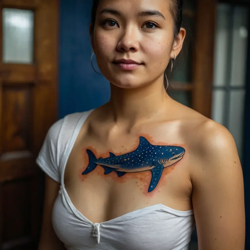 A vibrant whale shark tattoo across the chest, showcasing detailed spots and shading, symbolizing strength and freedom.