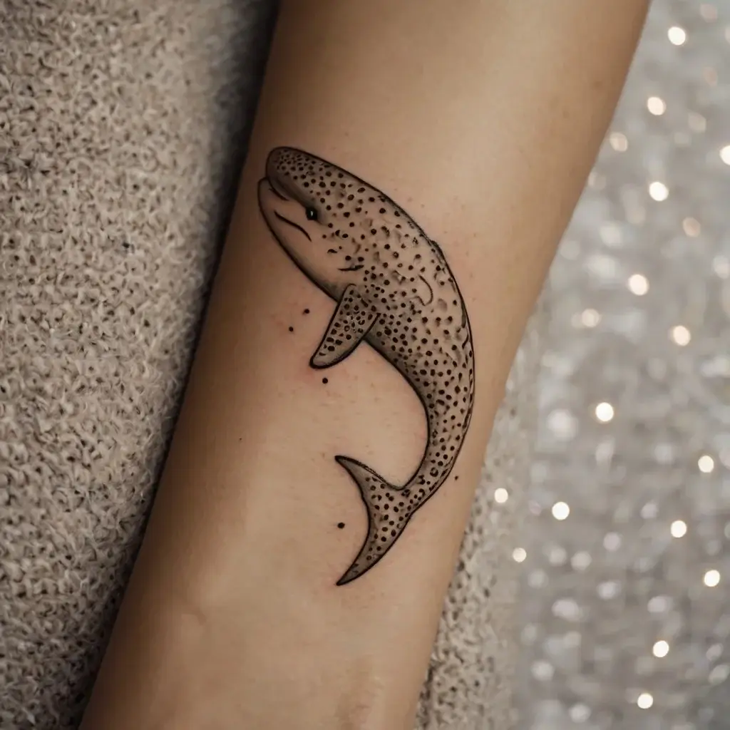 Minimalist whale shark tattoo with dot shading on the arm, showcasing a smooth blend of marine life and subtle artistry.