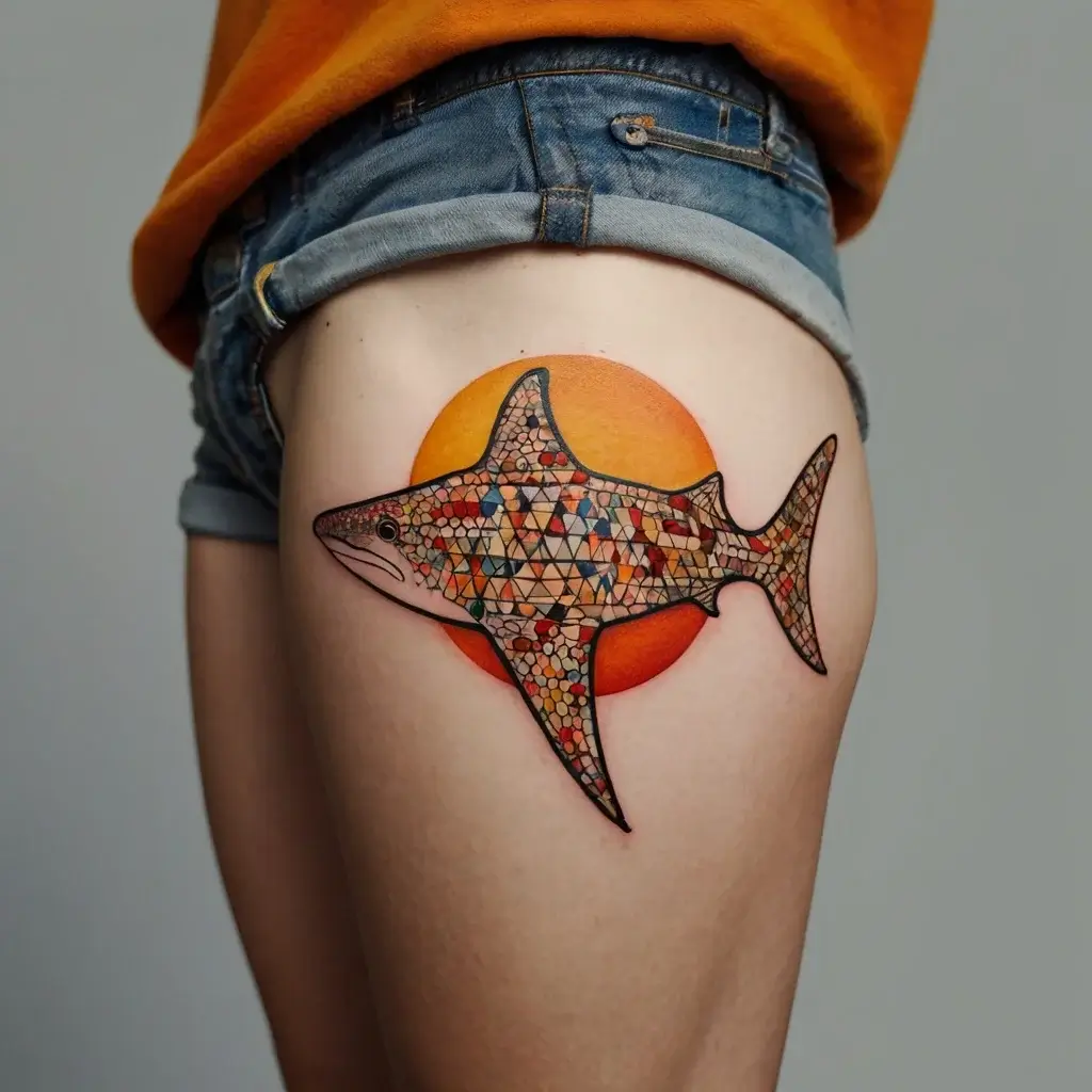 Tattoo of a shark with a geometric mosaic pattern, set against a vibrant orange sun on the upper thigh.