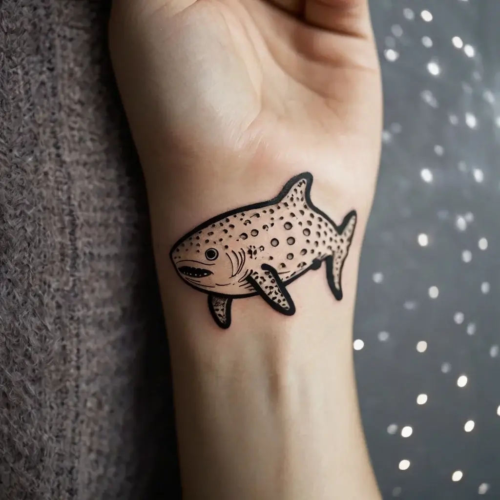 Tattoo of a stylized, cartoon-like shark with spots and a bold outline on the wrist against a blurred background.