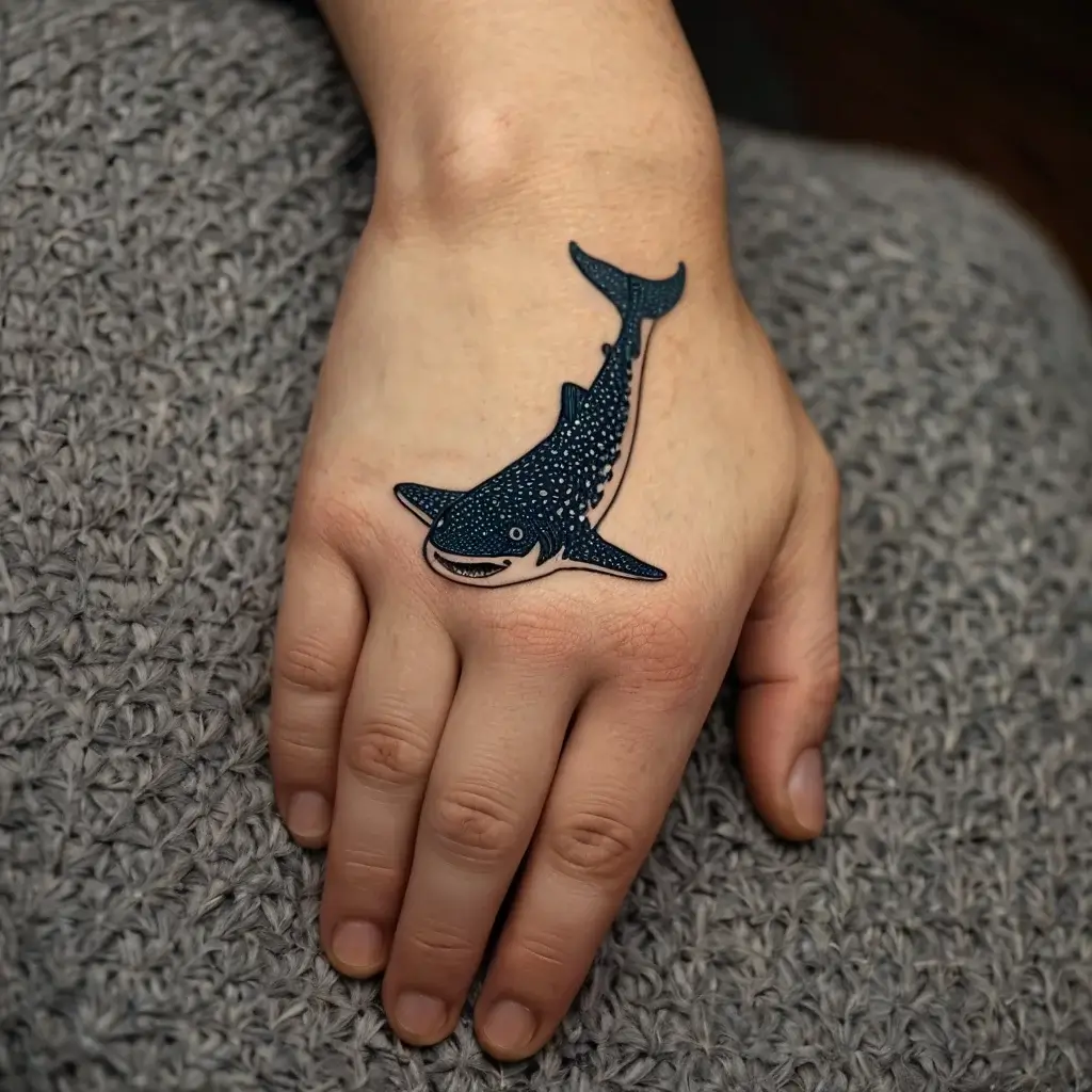 Hand tattoo of a playful whale shark, detailed with white spots on a deep blue body, symbolizing strength and serenity.