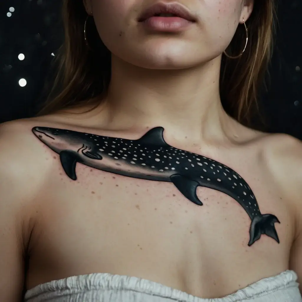 Tattoo of a whale shark across the chest, showcasing intricate black and white dot detailing.