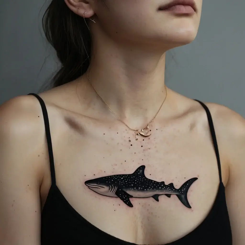 Realistic shark tattoo on the chest, featuring gradient shading and dotwork for a dynamic underwater effect.