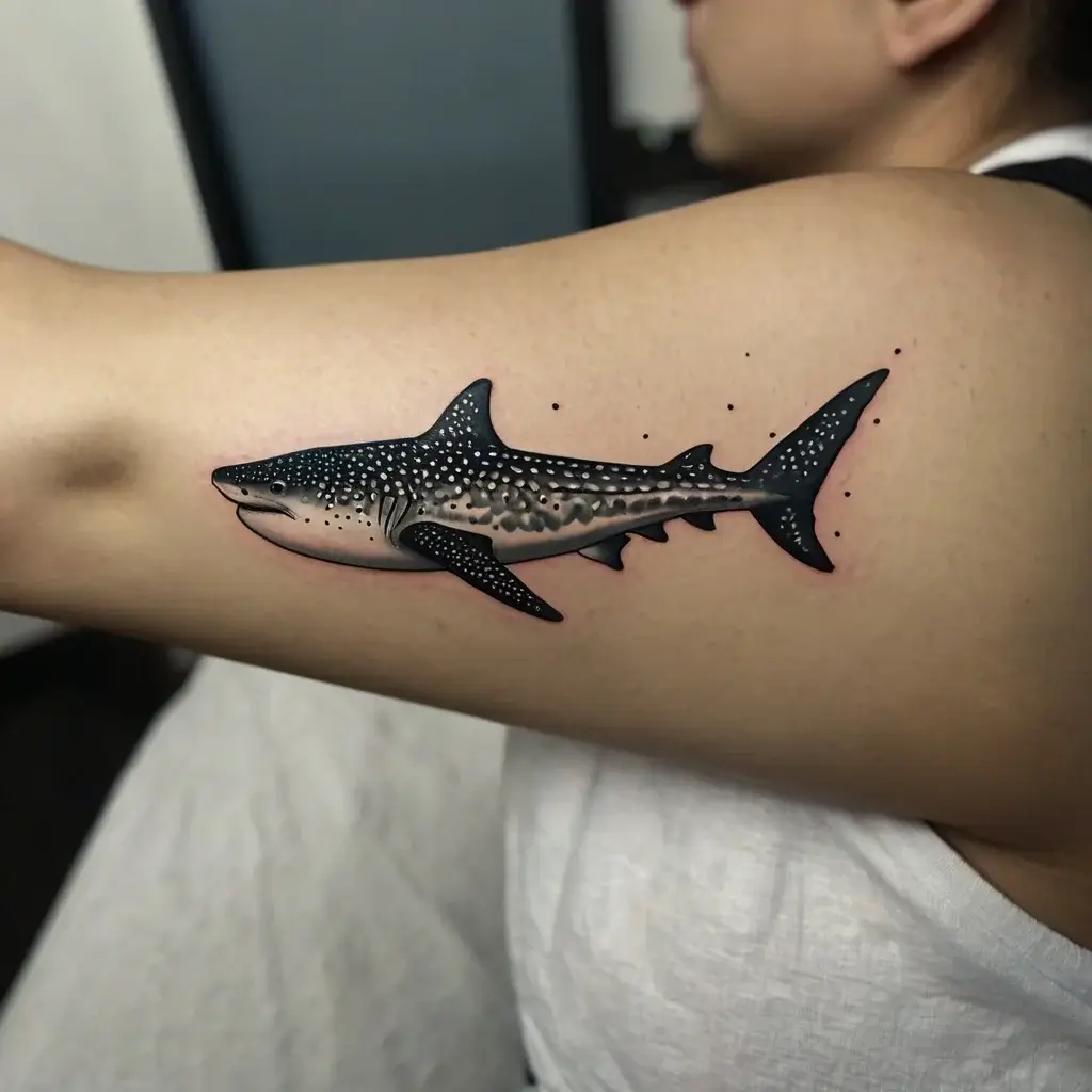 Tattoo of a detailed whale shark on an arm, showcasing intricate dot work and shading, highlighting its natural beauty.