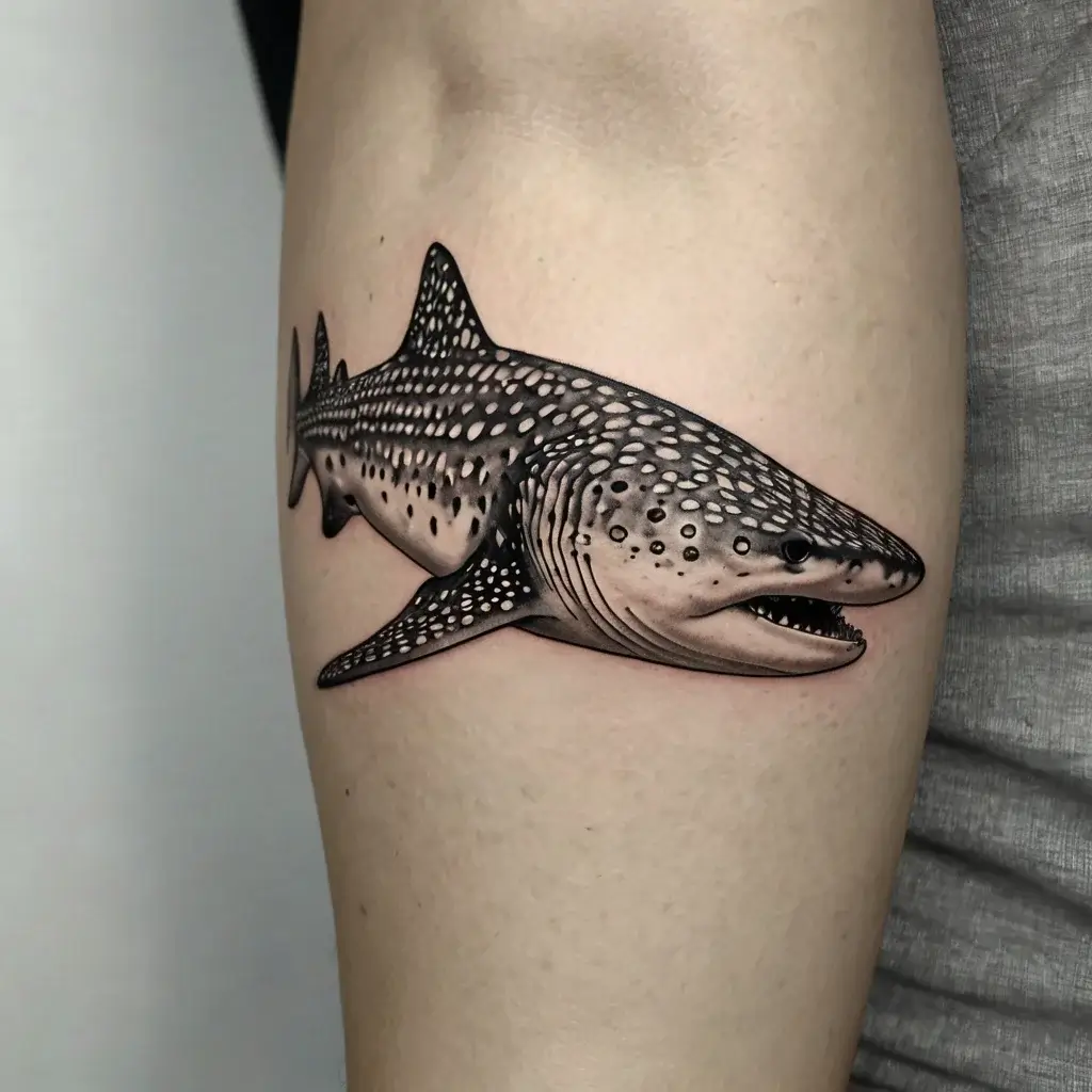 Realistic whale shark tattoo with detailed dot patterns and shading, showcasing its majestic and gentle nature.