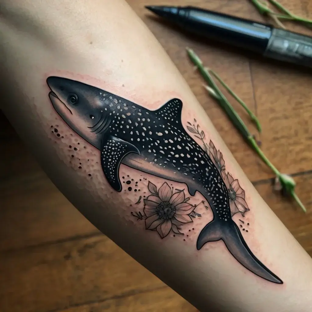 Realistic whale shark tattoo with intricate black and white details, surrounded by delicate floral accents.