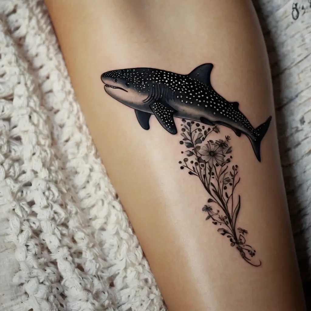 A detailed whale shark tattoo in grayscale, adorned with delicate floral elements and intricate dot work patterns.