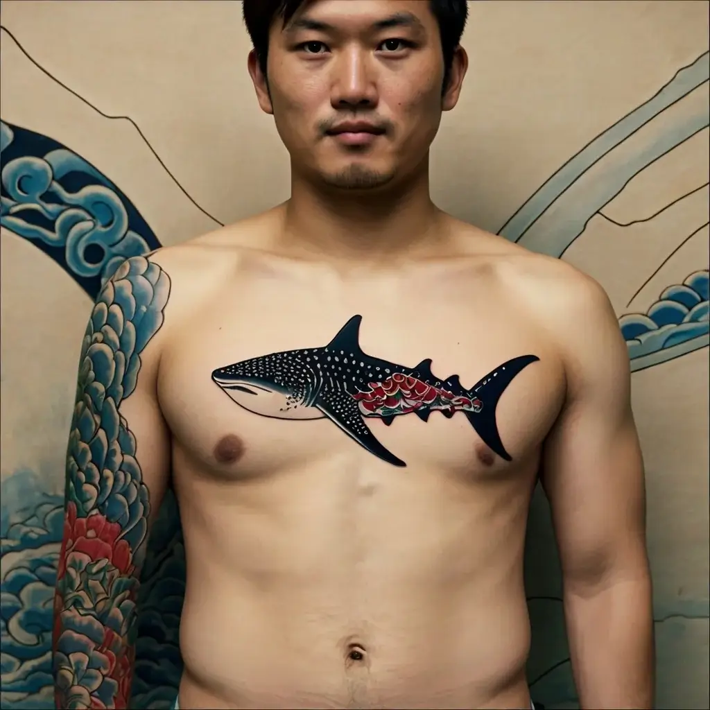 Chest tattoo of a whale shark with Japanese-inspired wave motifs; vibrant sleeve of blue and red clouds on the arm.