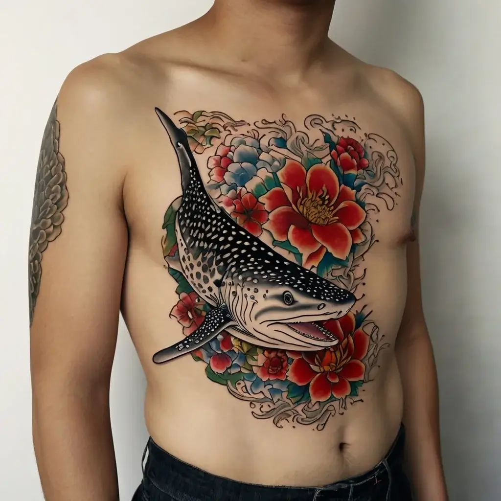 Whale shark tattoo with vibrant red and blue flowers on chest, showcasing marine life with traditional Japanese elements.