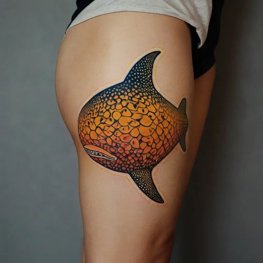 Tattoo of a stylized whale shark with gradient scales from orange to blue on the thigh, emphasizing texture and depth.