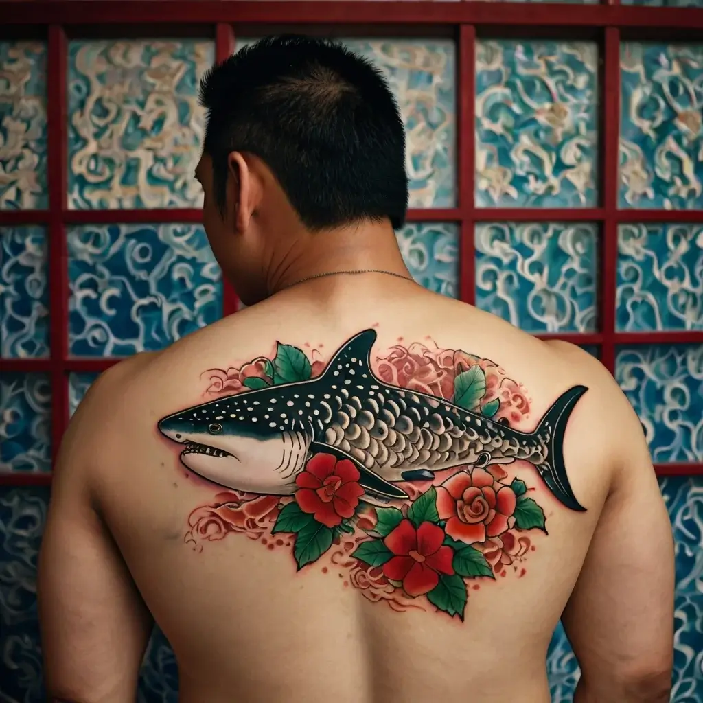 Tattoo of a detailed shark surrounded by vibrant red flowers and green leaves on a man's back, blending realism and bold colors.