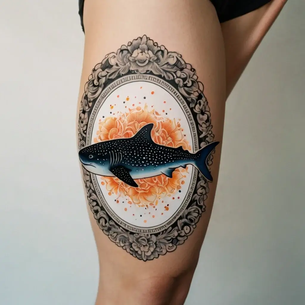 Tattoo of a whale shark with orange floral background framed by ornate black and gray patterns.