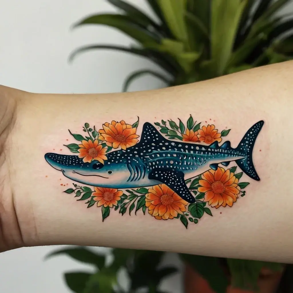 Tattoo of a vibrant whale shark with detailed spots, surrounded by bright orange flowers and green leaves on the forearm.