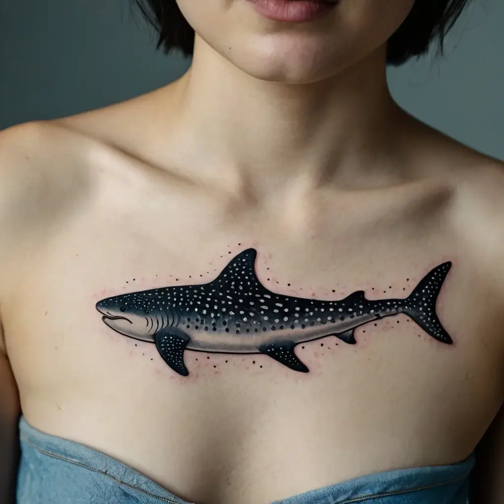 Realistic whale shark tattoo on the chest, featuring black and gray shading with detailed white spots.