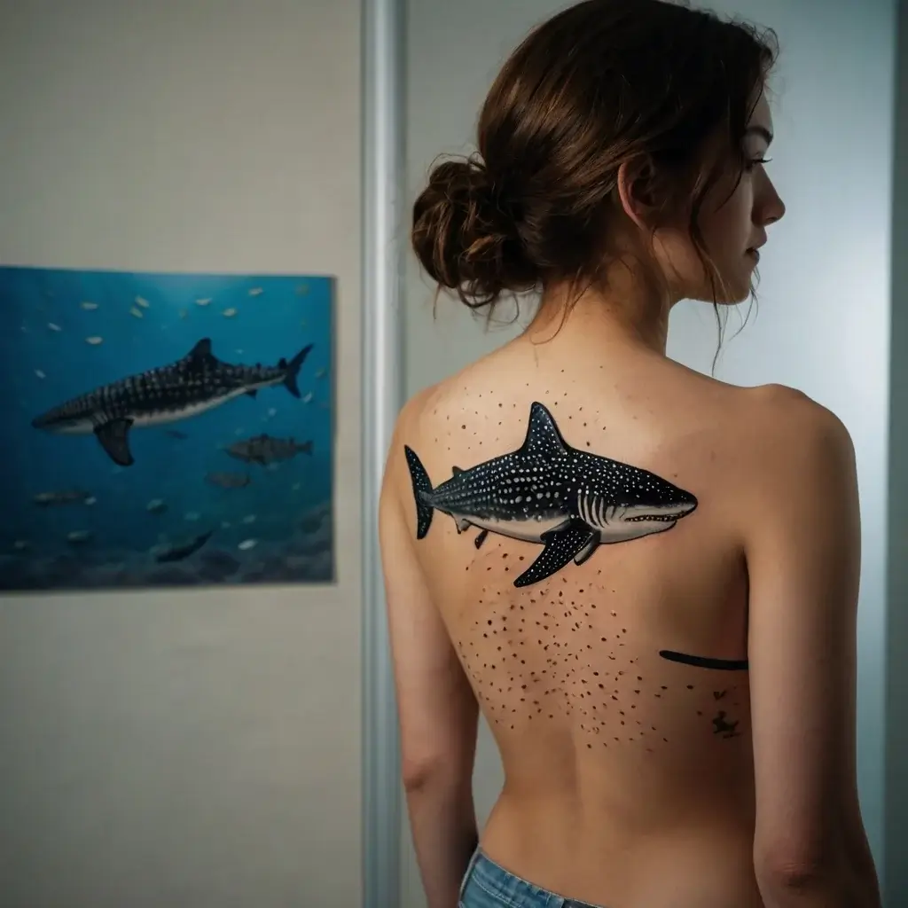 Realistic whale shark tattoo on back, featuring intricate dot patterns, conveying strength and grace in marine life.