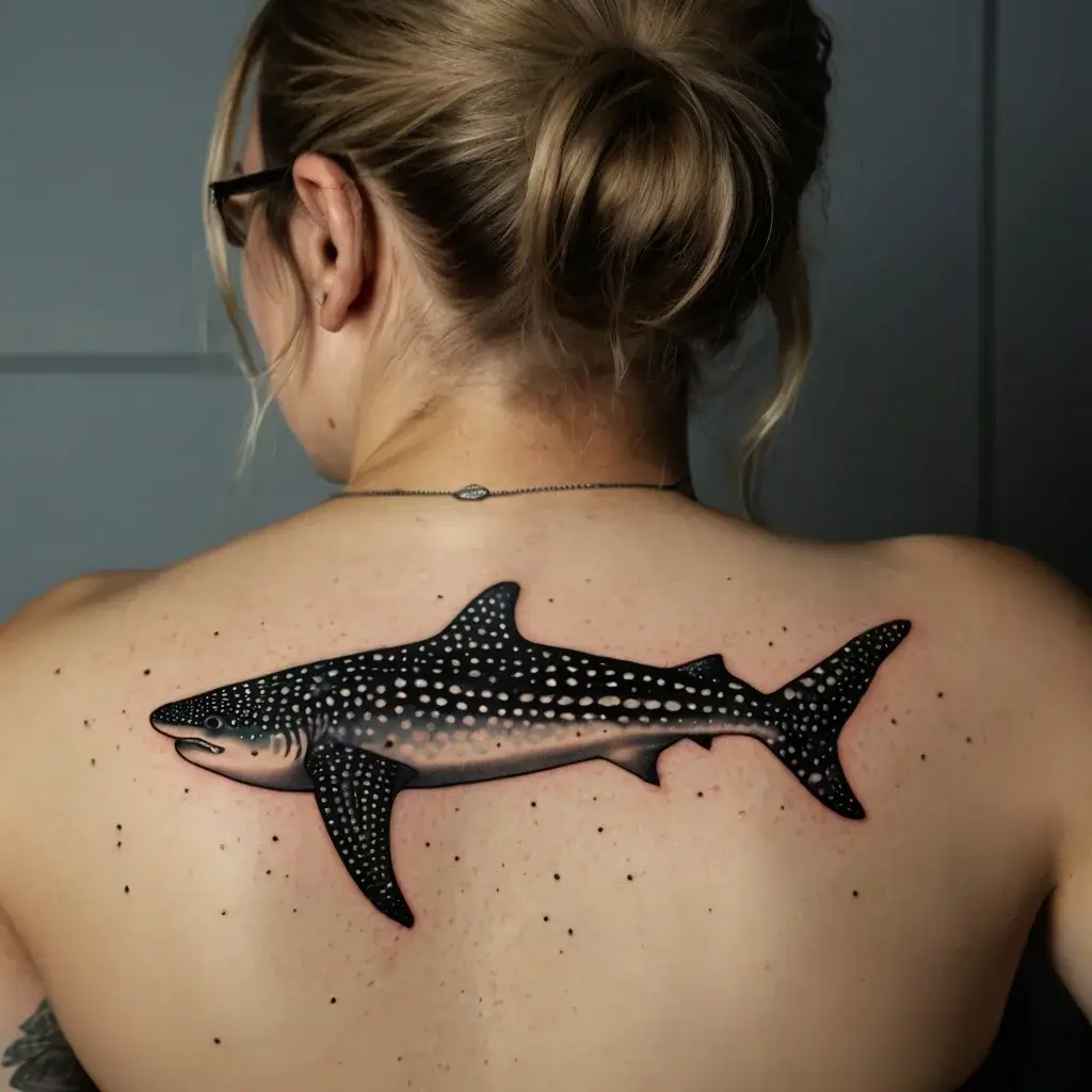 Realistic whale shark tattoo on back, detailed with white spots and shading, surrounded by scattered tiny dots.