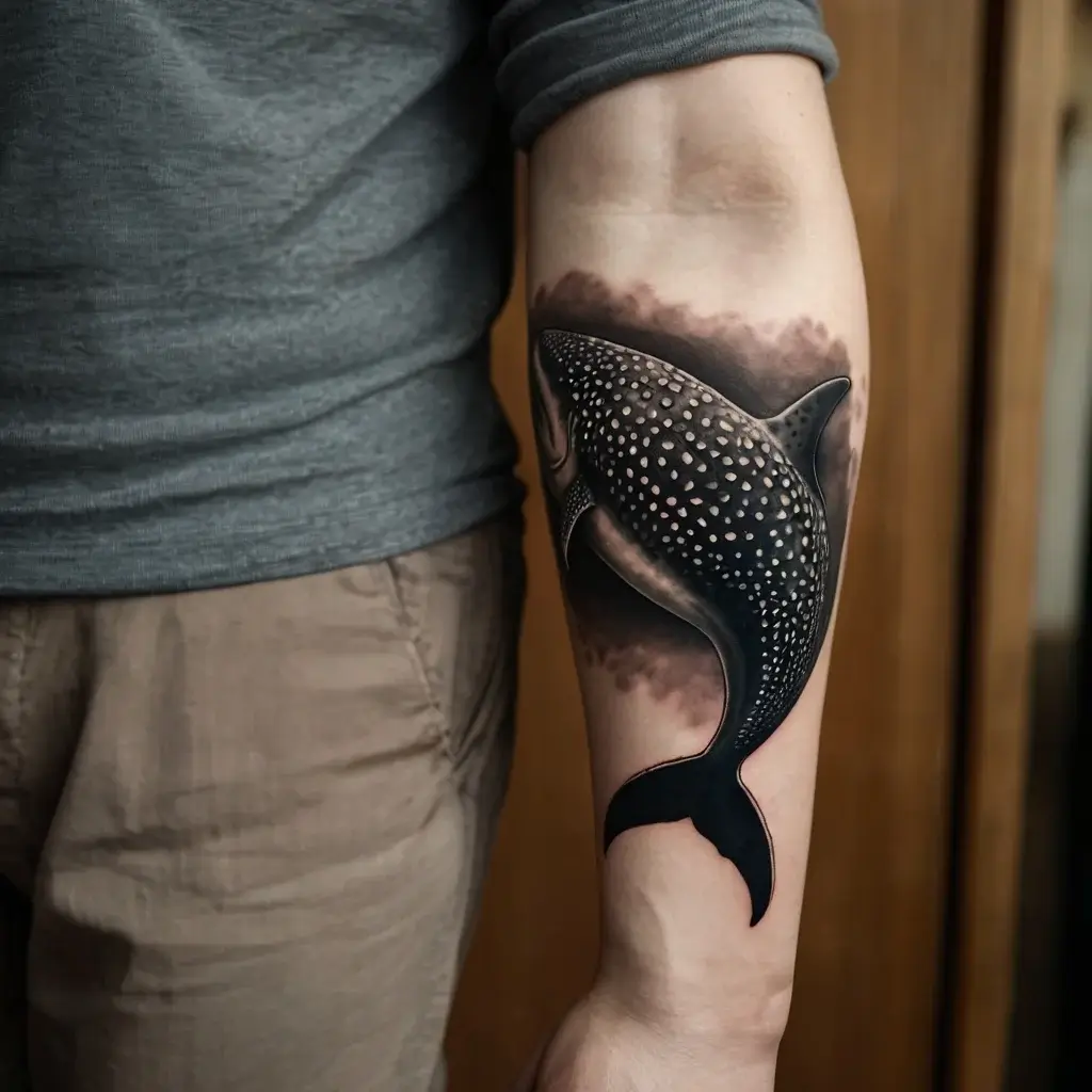 Realistic whale shark tattoo on forearm, detailed with white spots and subtle shading for a dynamic underwater effect.