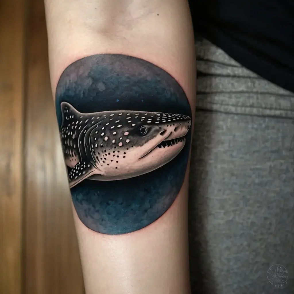 Hyper-realistic whale shark tattoo set against a deep blue circular background on the upper arm.