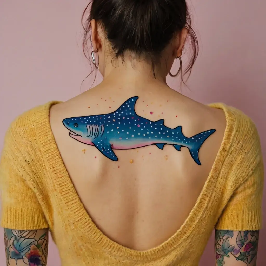 Colorful whale shark tattoo with dotted pattern on a woman's back, blending shades of blue with pink and white details.