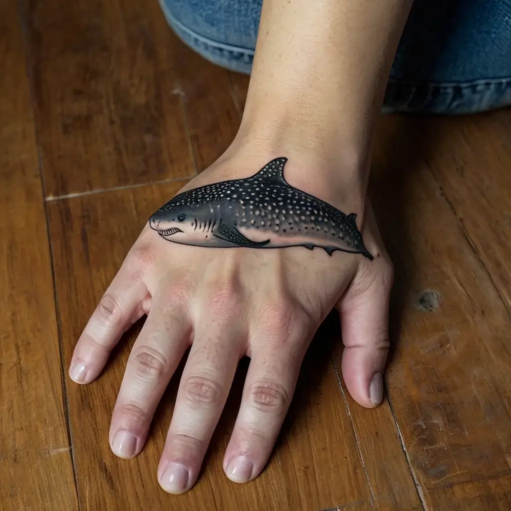 Detailed whale shark tattoo on hand, showcasing intricate dotwork patterns and smooth shading, emphasizing oceanic beauty.