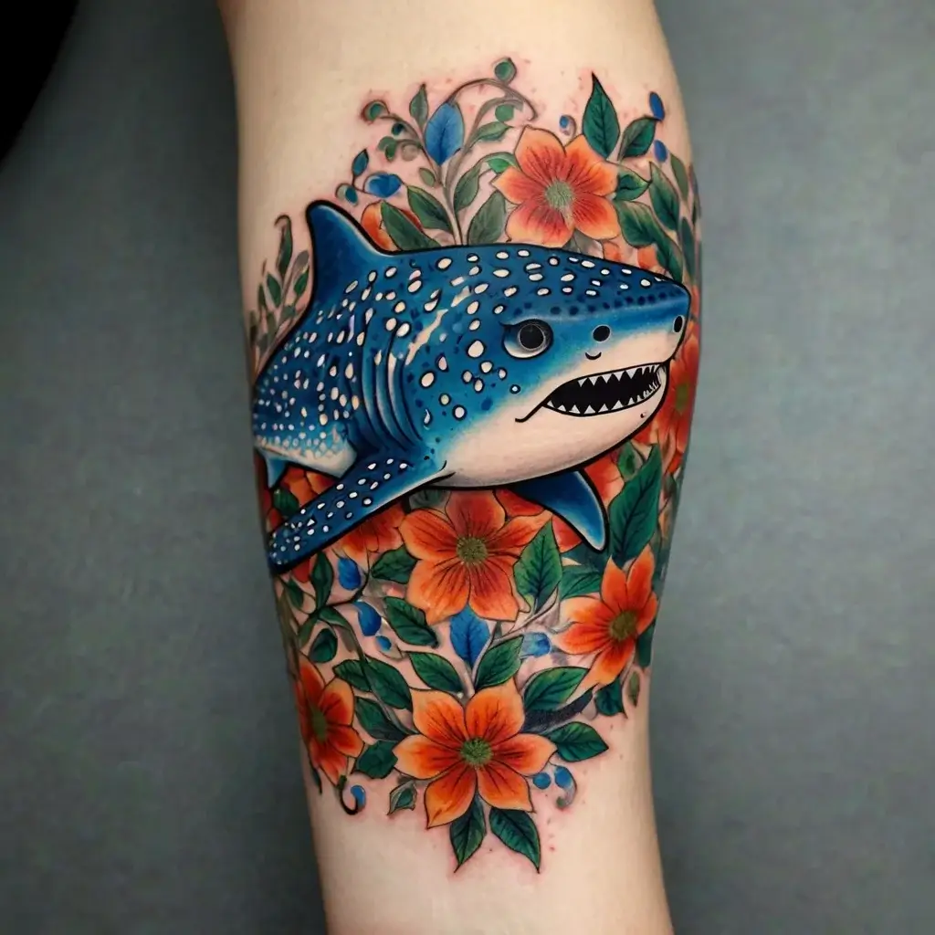 A vibrant tattoo of a blue whale shark with white spots, surrounded by vivid orange flowers and green leaves.