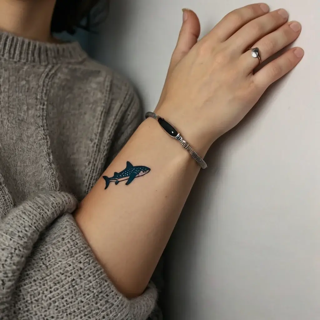 Blue whale shark tattoo on forearm, featuring white spots and streamlined design, symbolizing strength and grace.