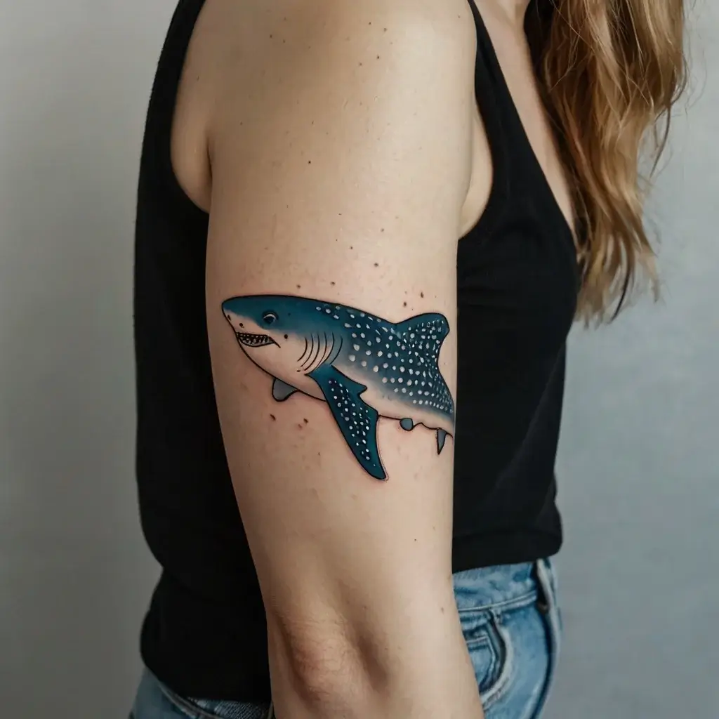 A colorful tattoo of a whale shark on the upper arm, featuring dot patterns and a vibrant blue gradient.