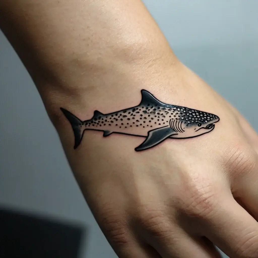 Tattoo of a stylized whale shark on the hand, featuring bold outlines and detailed dot patterns on the upper body.