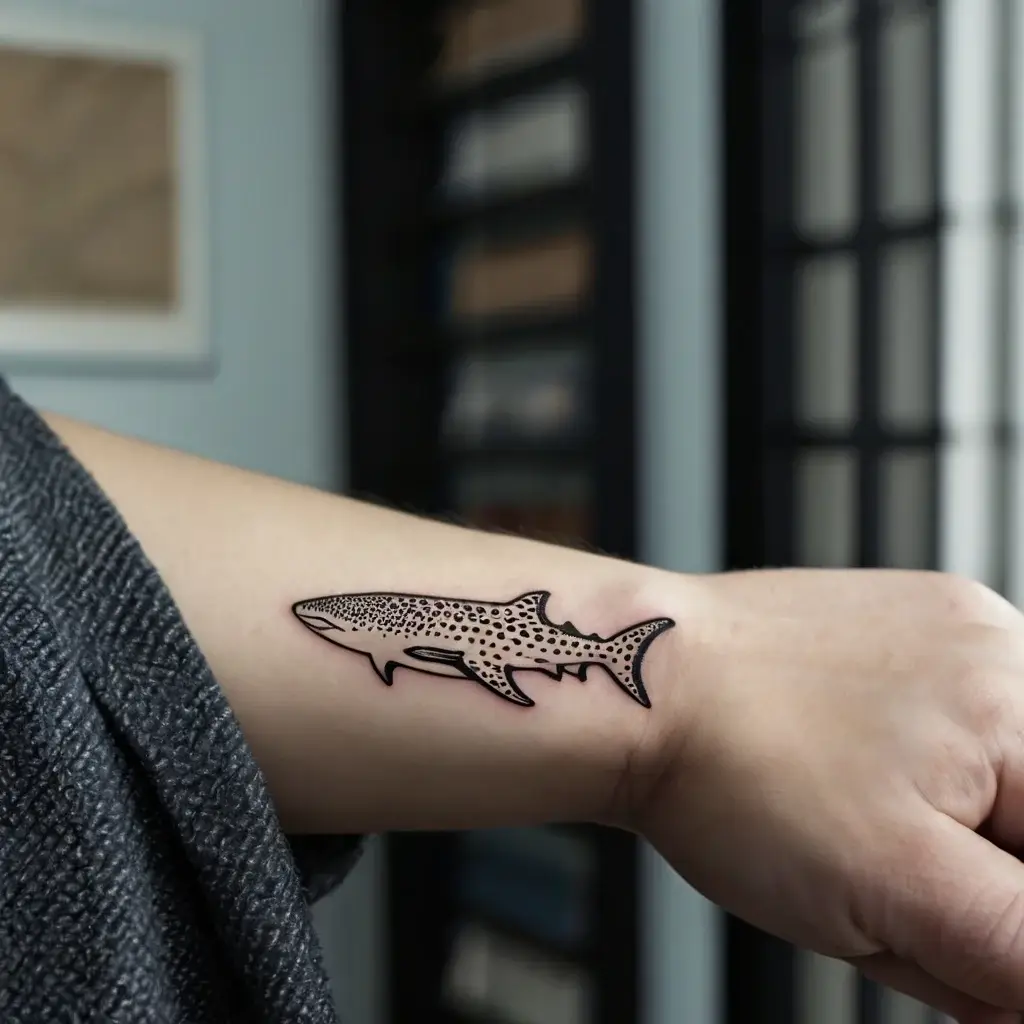 Tattoo of a sleek, dotted shark on the forearm, outlined in black, symbolizing strength and depth.