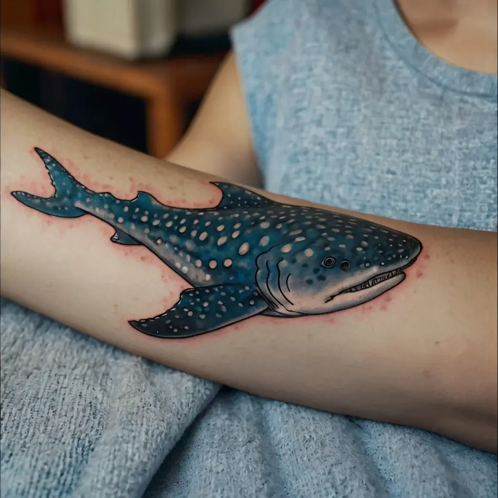 Tattoo of a detailed whale shark in shades of blue with white spots, swimming along the forearm.