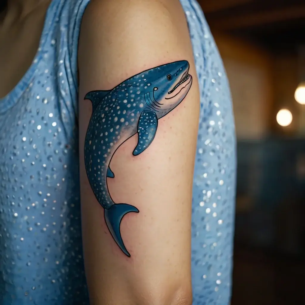 A vibrant whale shark tattoo with realistic details and blue hues, dotted patterns along its back, on the upper arm.