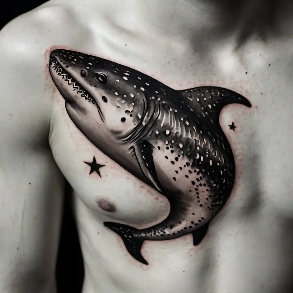 Realistic shark tattoo with intricate shading and dot work, complemented by small star motifs, on the chest.