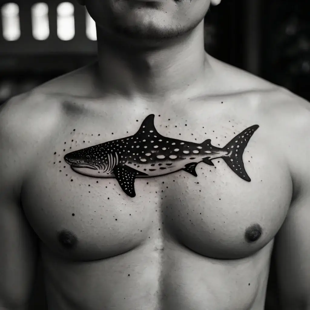 Tattoo of a detailed whale shark with intricate dot work and shading, centered on the chest for a striking effect.