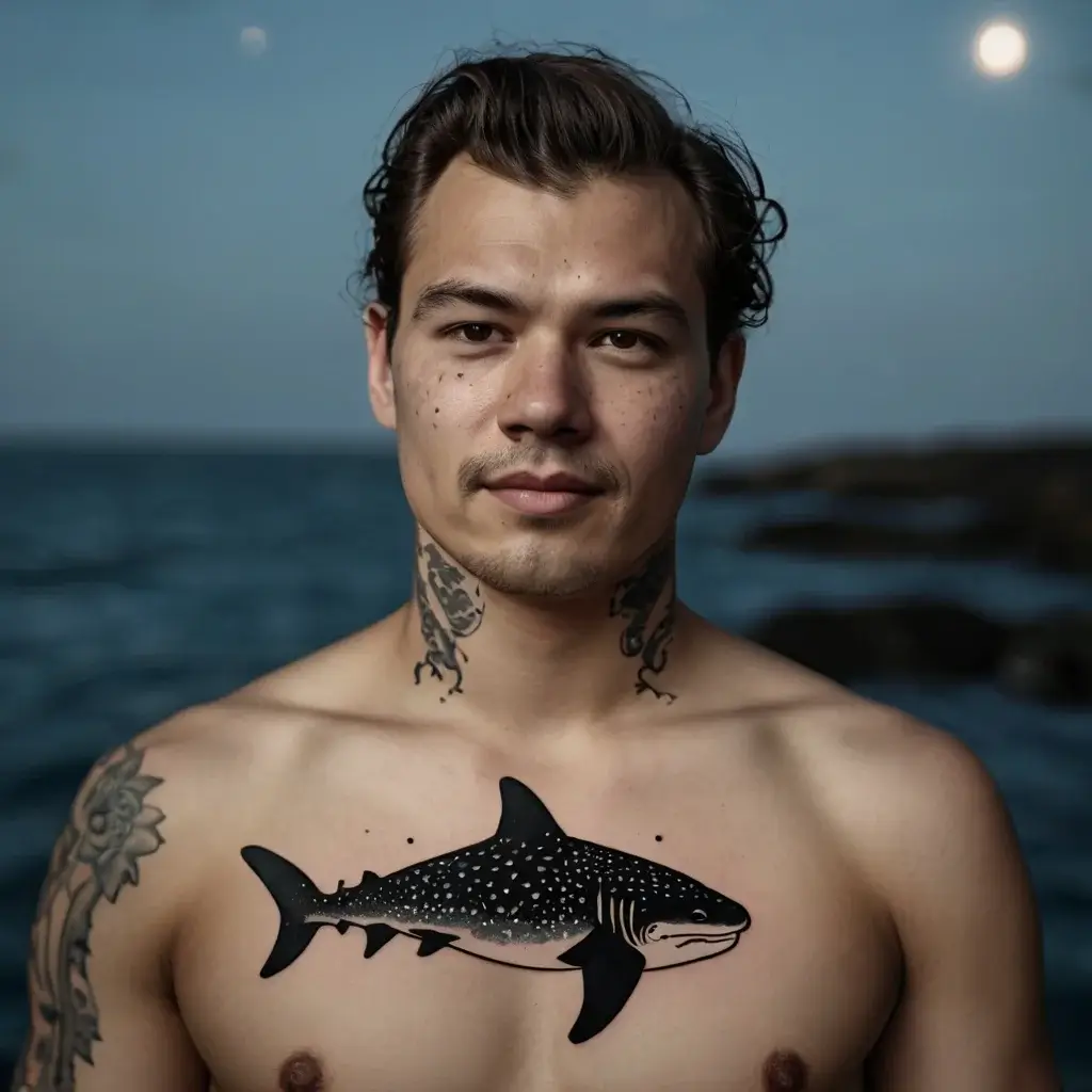 Chest tattoo of a realistic whale shark, detailed in black with white spots, paired with floral and underwater motifs.