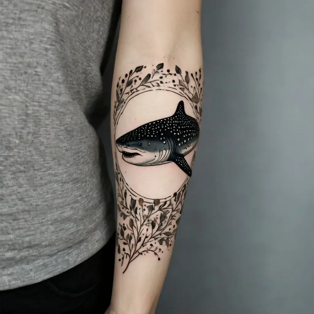 Tattoo of a detailed whale shark with a floral wreath, showcasing dot work and bold lines on the forearm.