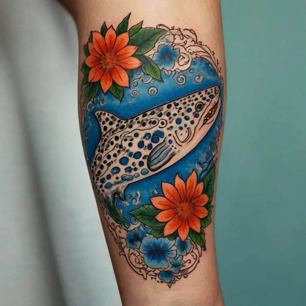 Tattoo of a detailed leopard shark swimming among vibrant orange and blue flowers, with a swirling ocean background.