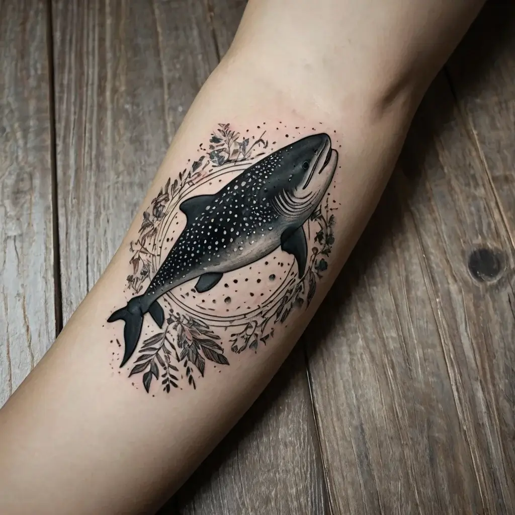 Tattoo of a whale shark surrounded by floral patterns and dots, detailed with a mix of bold and subtle shading.