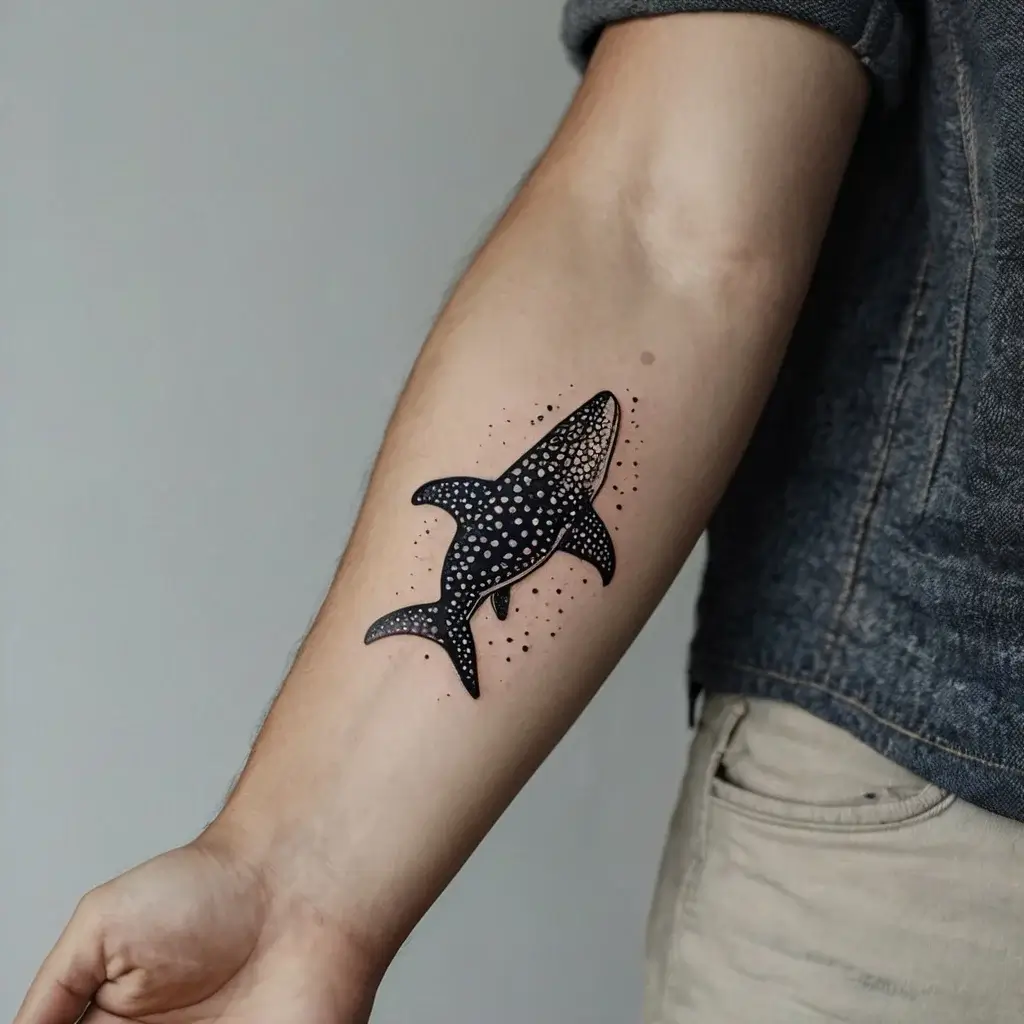 Tattoo of a whale shark in dotwork style on forearm, rich with dots and speckles to capture its natural pattern.