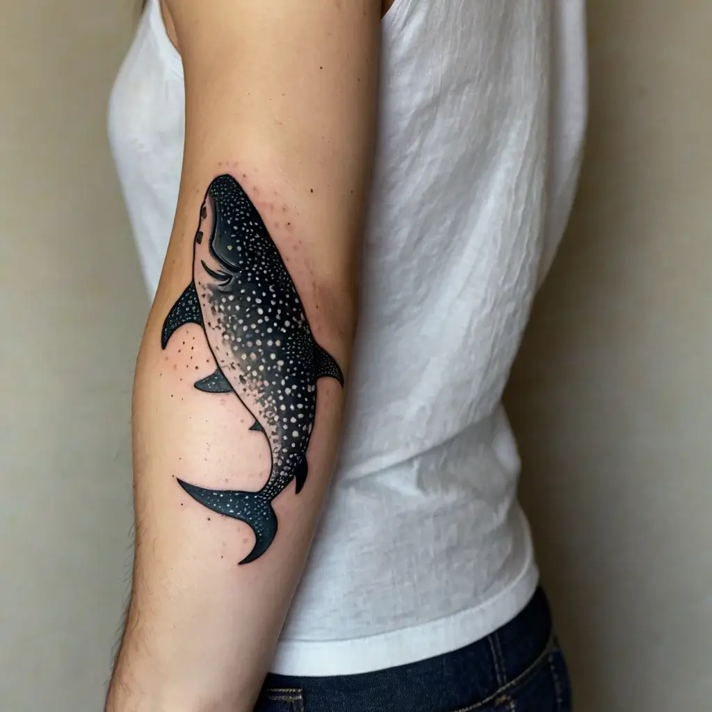 A detailed whale shark tattoo on the upper arm, with intricate dot work and shading, showcasing its gentle and majestic nature.