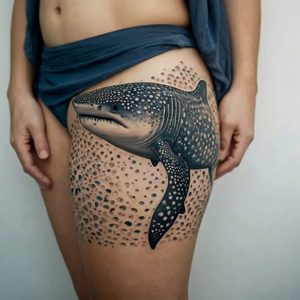 Realistic whale shark tattoo on thigh with detailed shading, speckled pattern, and flowing fins, creating depth and texture.