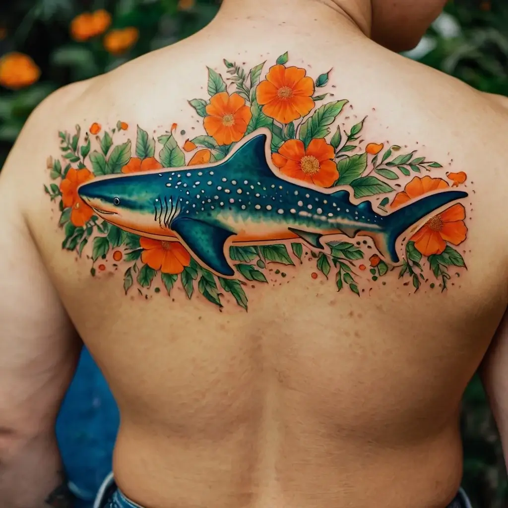 Colorful whale shark tattoo with vibrant orange flowers and green leaves on a person's back.