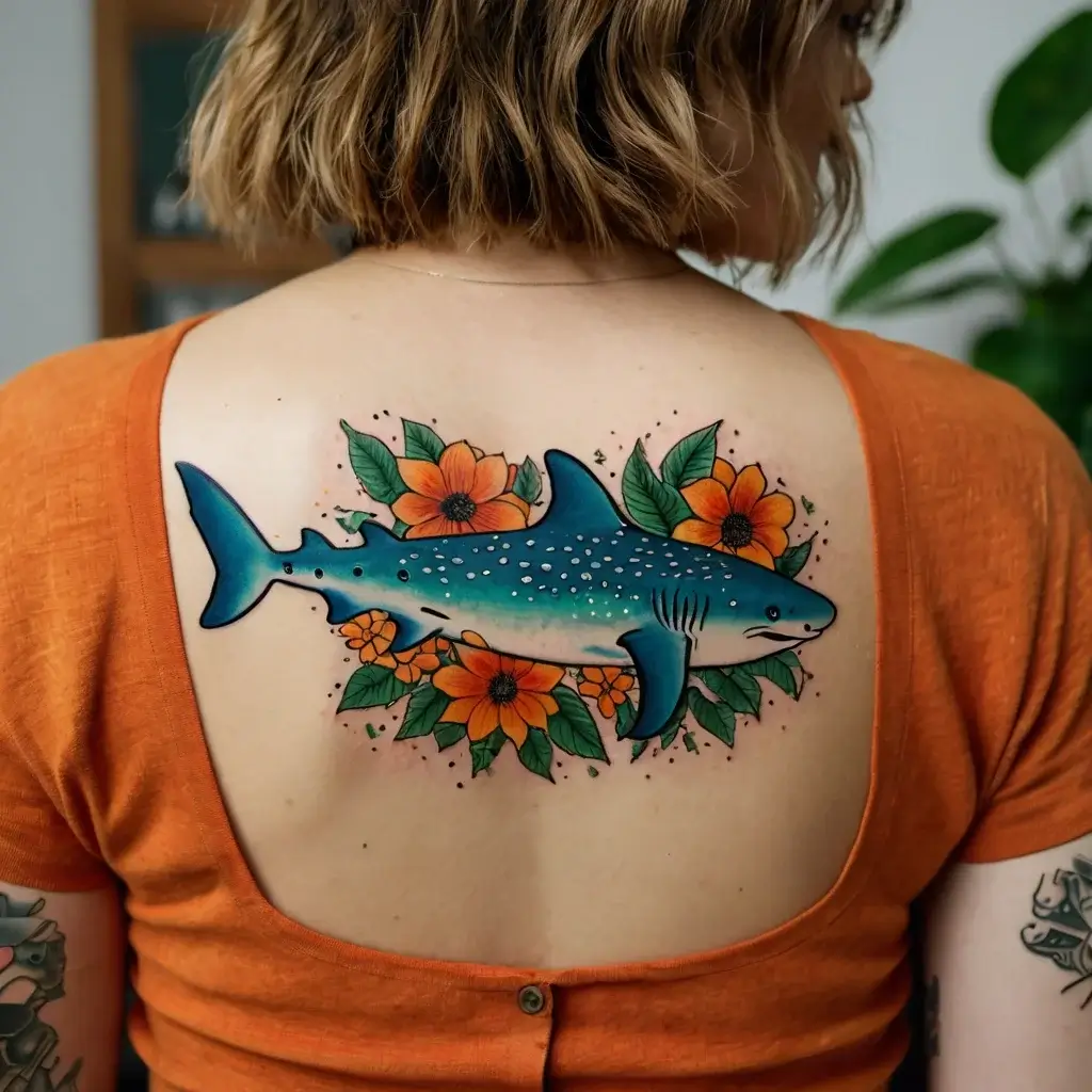 A vibrant tattoo of a whale shark surrounded by orange flowers and green leaves on a person's back, showcasing marine and floral beauty.