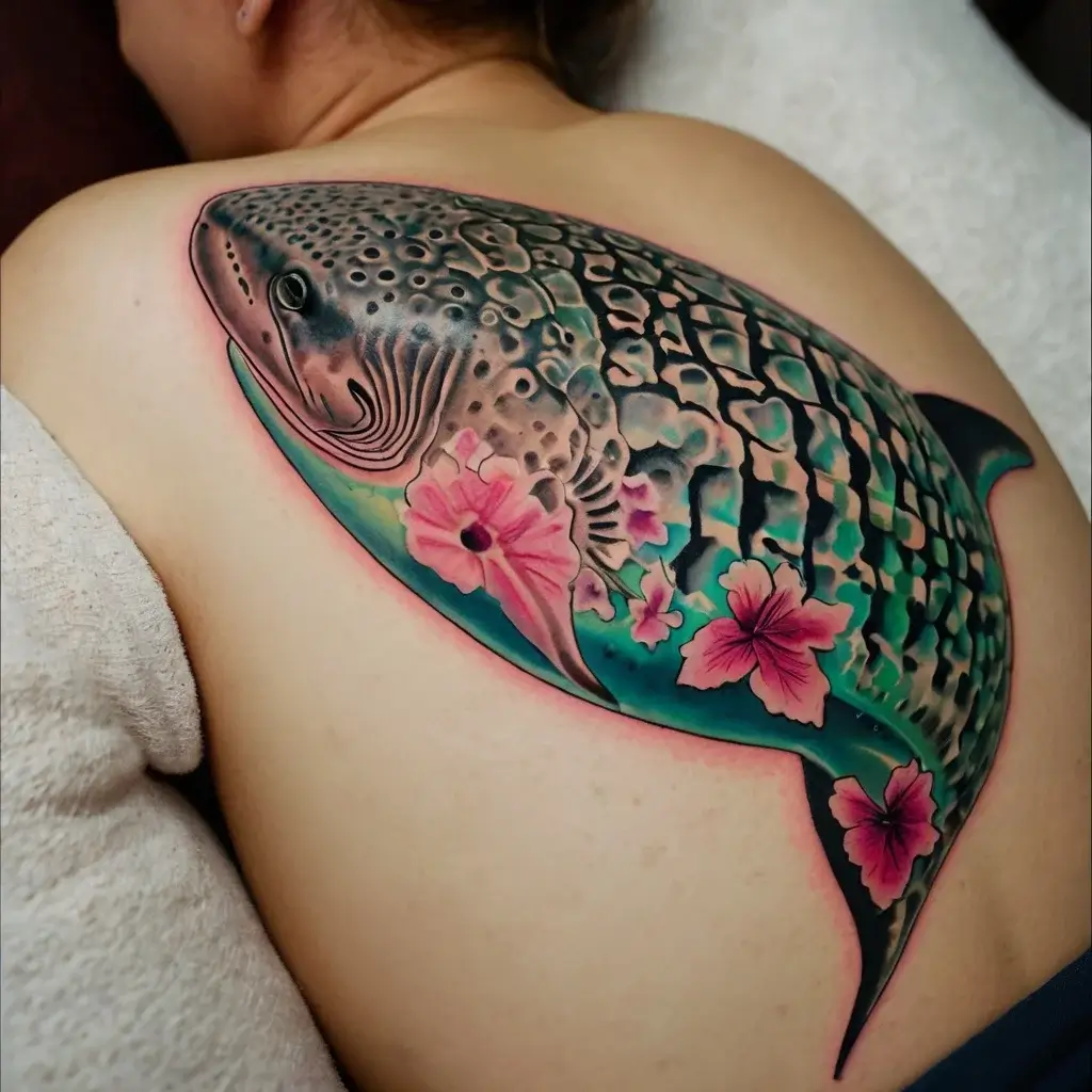 Tattoo of a whale shark with pink hibiscus flowers on the back, using vibrant blues and greens for an oceanic effect.