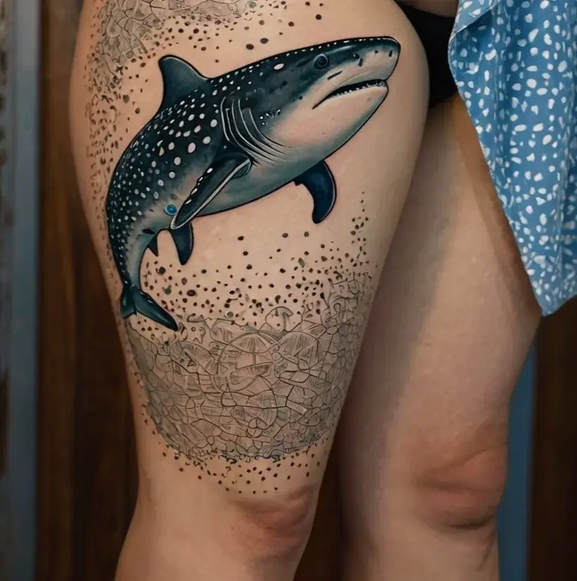 Tattoo of a whale shark with black and white dots on thigh, surrounded by intricate mandala patterns and stippling.