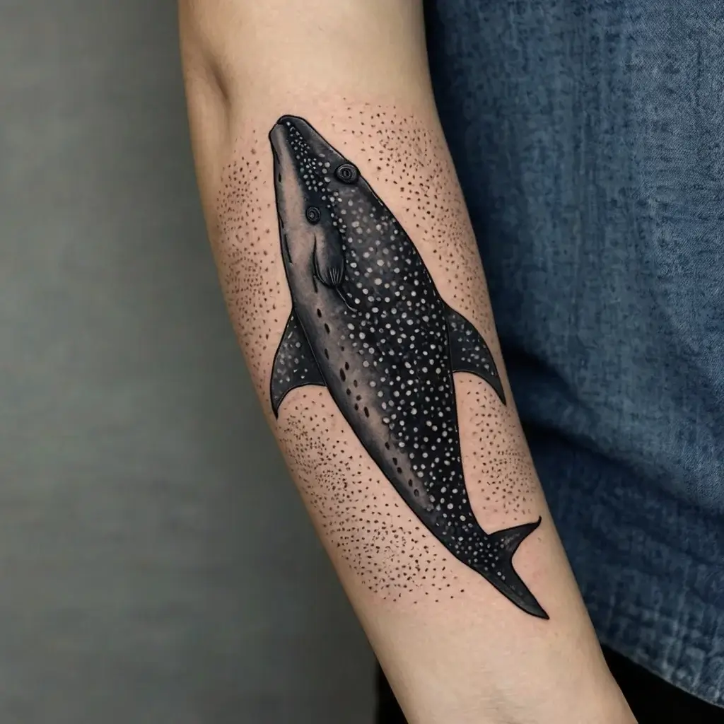 Tattoo of a detailed black and gray whale shark surrounded by dotwork texture on the forearm.