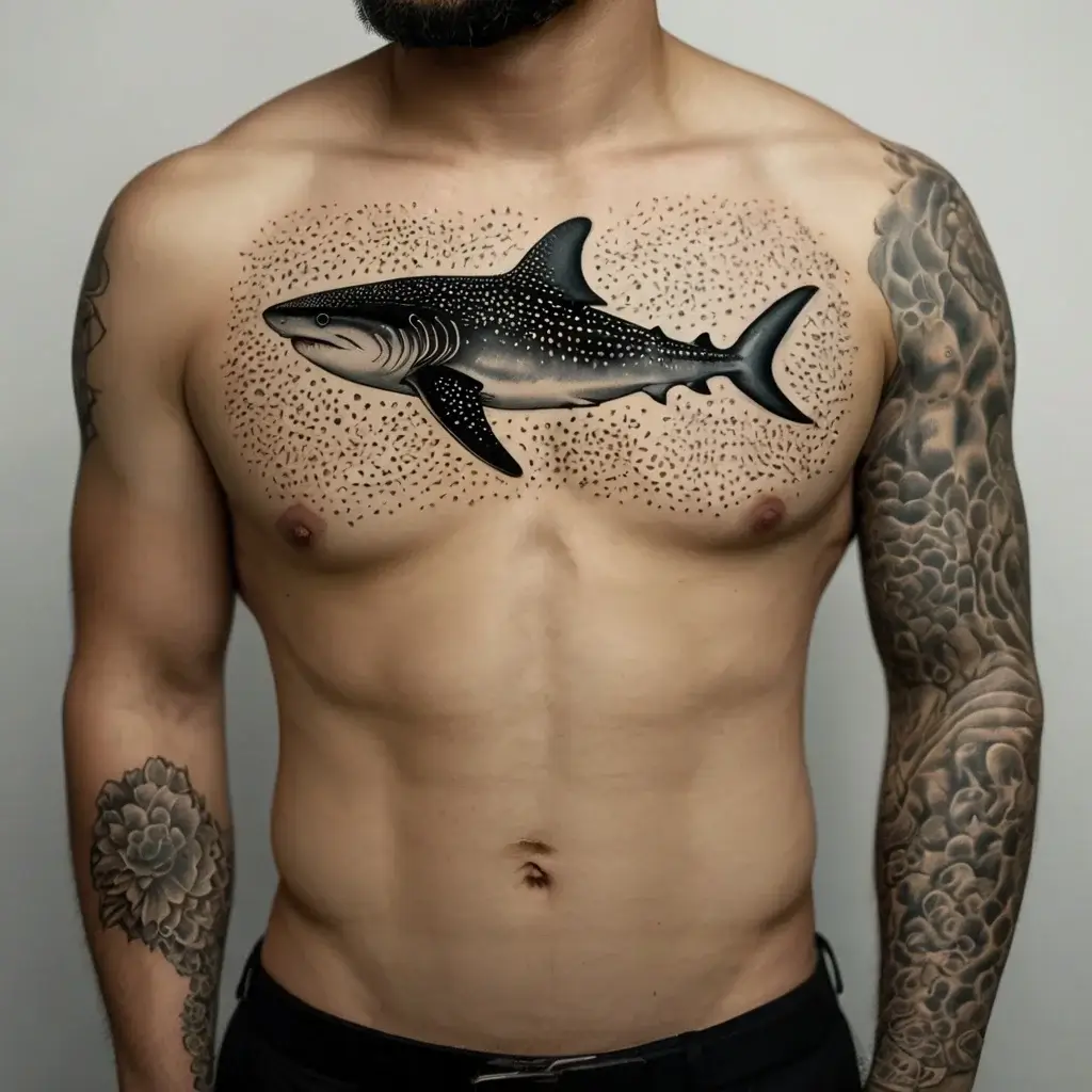 Chest tattoo of a whale shark surrounded by stippling for texture; arm adorned with floral and abstract patterns.