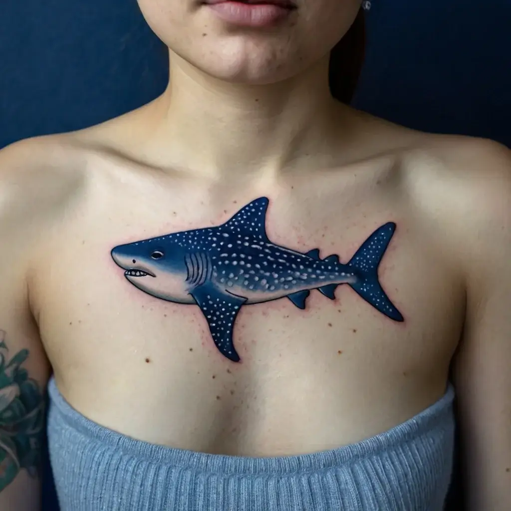 Colorful whale shark tattoo on chest features blue hues and white spots, showcasing oceanic beauty and strength.